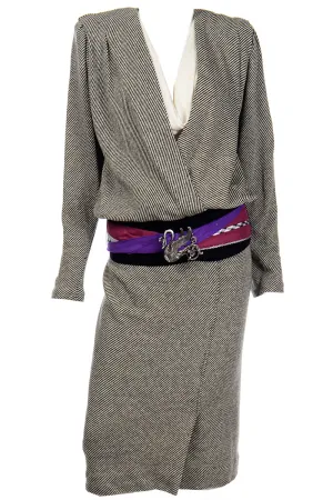 1980s Norma Walters 2 Pc Vintage Black & White Dress With Colorful Belt
