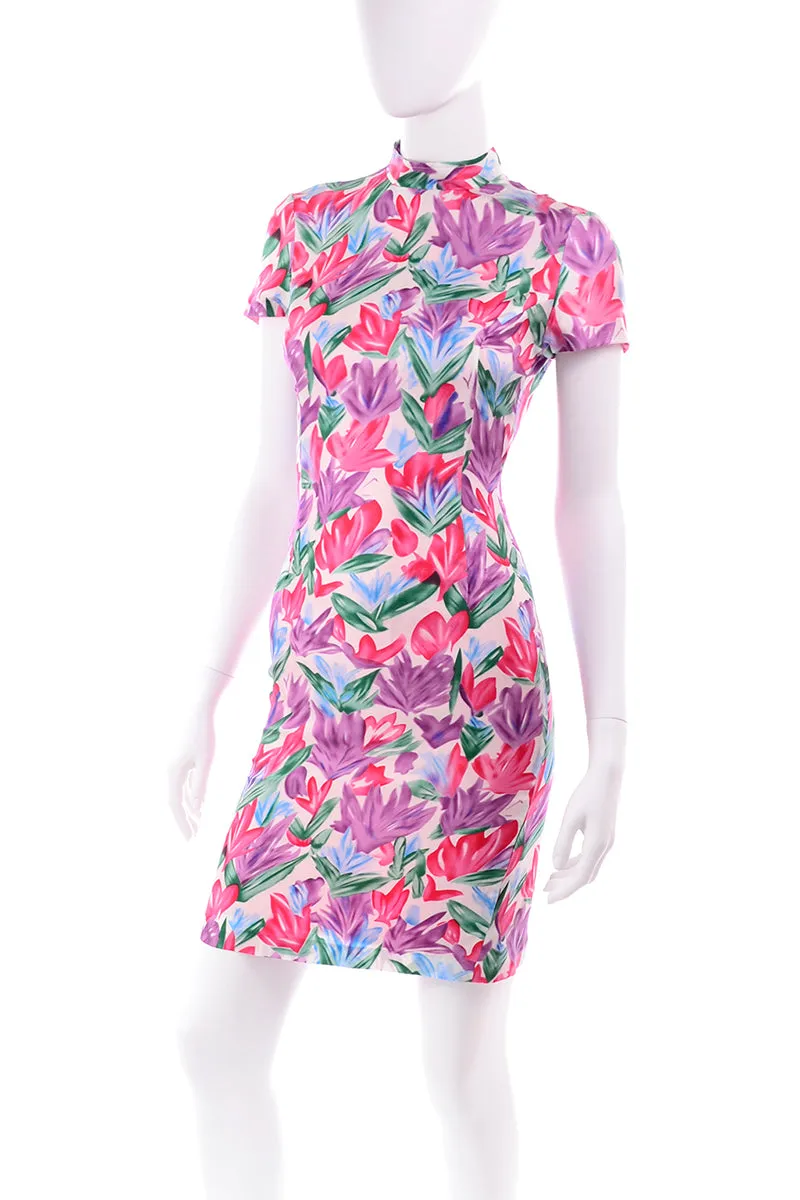 2000s Yves Saint Laurent Tulip Print Silk Sheath Dress w/ Mock Turtleneck