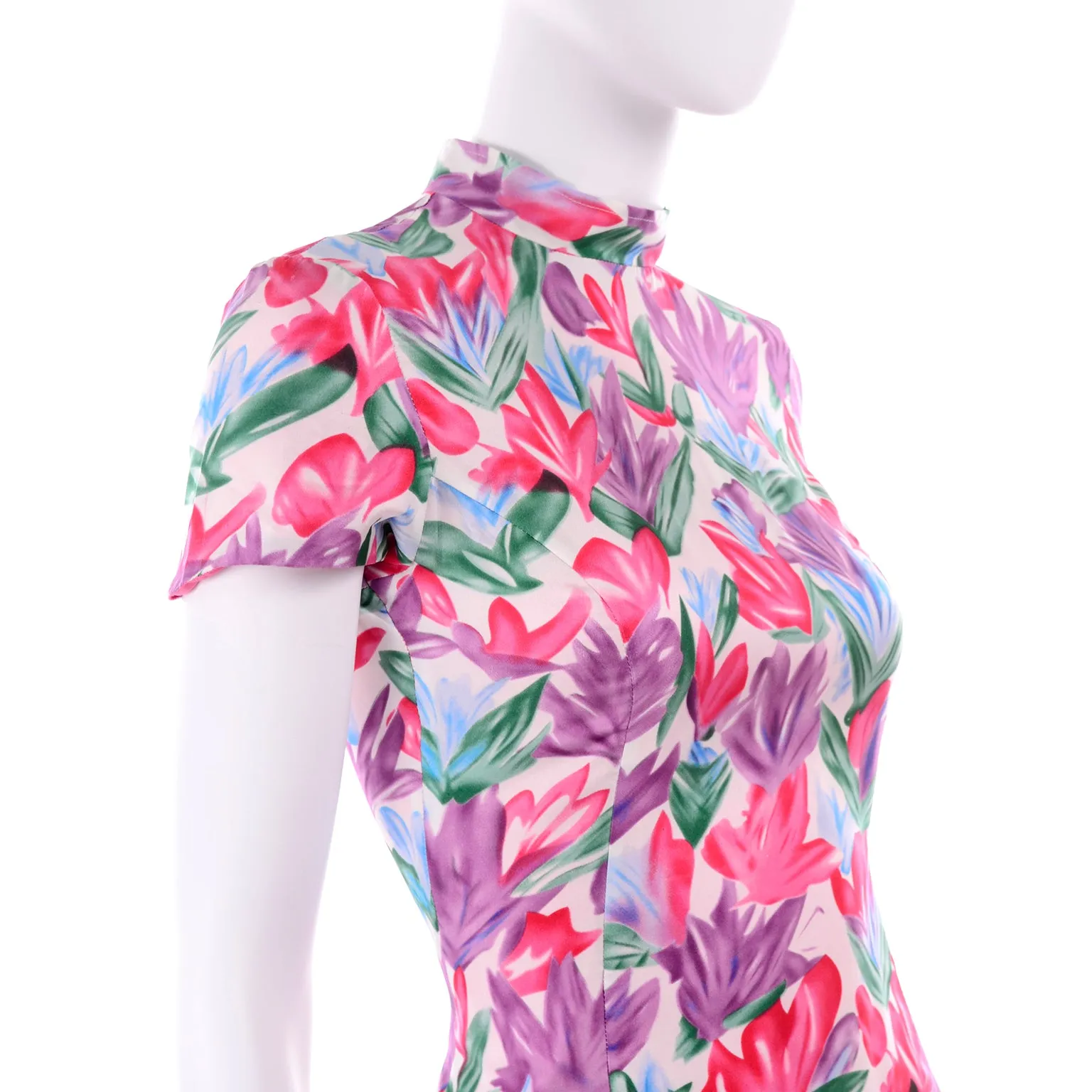 2000s Yves Saint Laurent Tulip Print Silk Sheath Dress w/ Mock Turtleneck