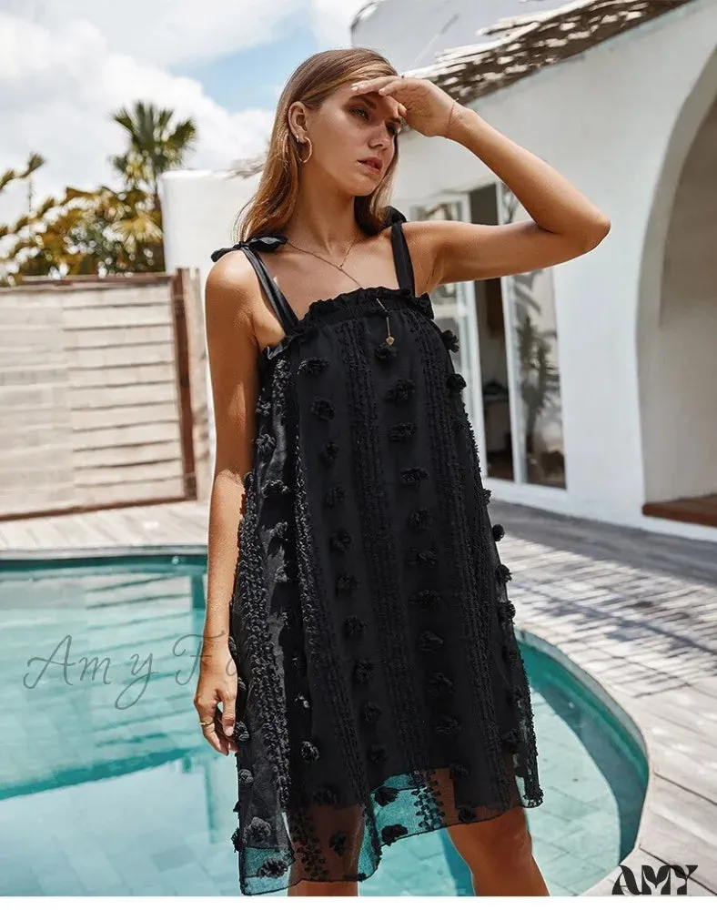 Amy Fashion - Solid Wrapped Chest Floral  Loose Sleeveless Beach Dress