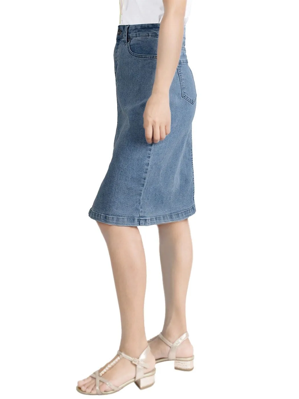 Anna-Kaci Women Comfy Soft Stretch Bodycon Blue Jean Pencil Midi Denim