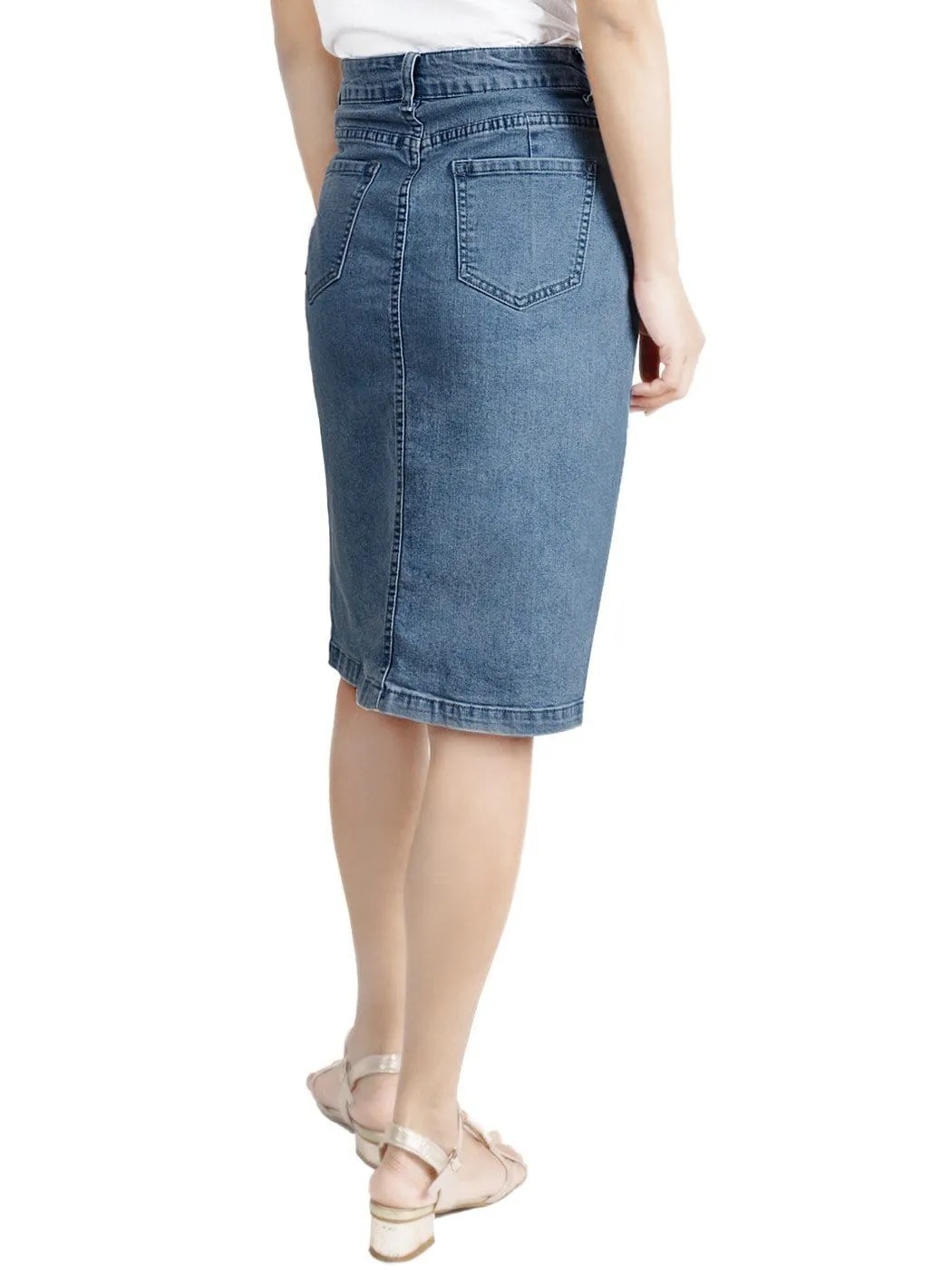 Anna-Kaci Women Comfy Soft Stretch Bodycon Blue Jean Pencil Midi Denim
