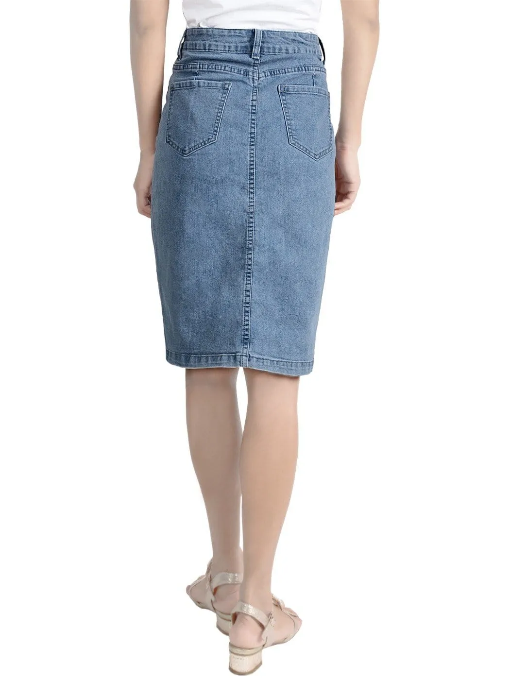Anna-Kaci Women Comfy Soft Stretch Bodycon Blue Jean Pencil Midi Denim
