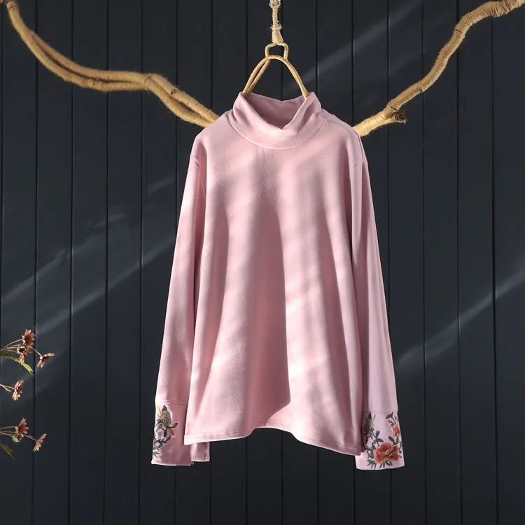 Babakud Women Vintage Cotton Pullover with Embroidered Cuffs