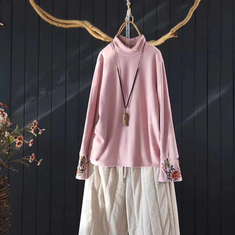 Babakud Women Vintage Cotton Pullover with Embroidered Cuffs