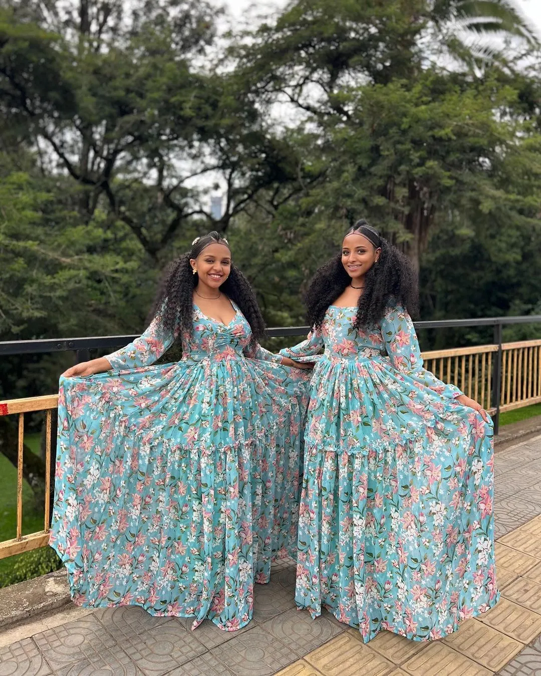 Beautiful Blue Flower Design Shiffon Dress Delicate Floral Patterns Chiffon Habesha Kemis