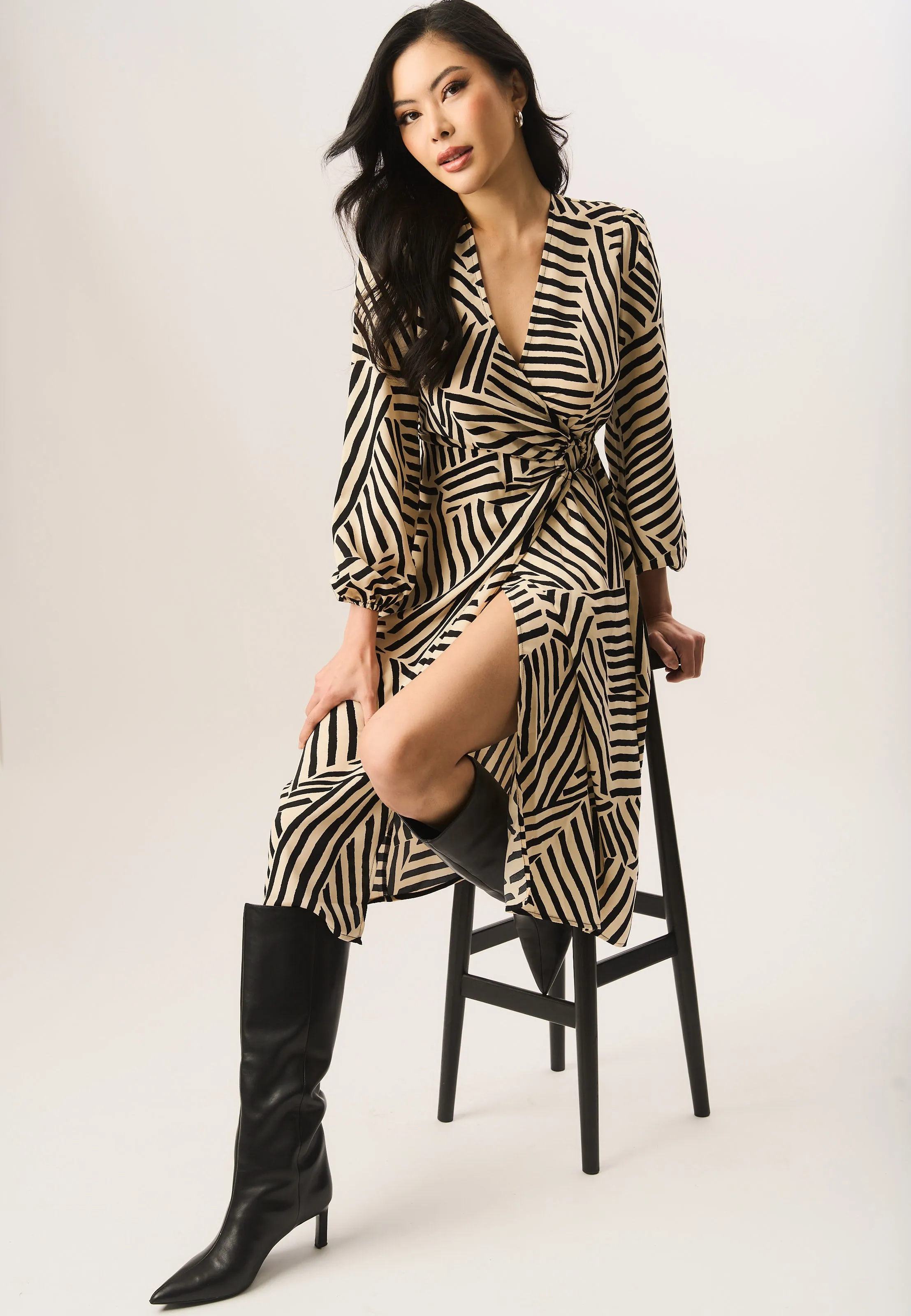 Beige Geo Print Assymetric Hem Wrap Midi Dress