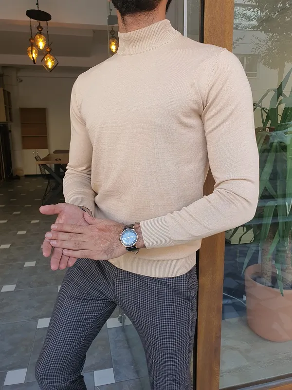 Beige Slim Fit Mock Turtleneck Sweater by GentWith.com