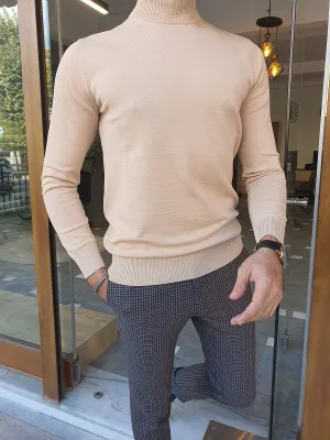 Beige Slim Fit Mock Turtleneck Sweater by GentWith.com