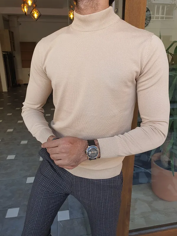 Beige Slim Fit Mock Turtleneck Sweater by GentWith.com