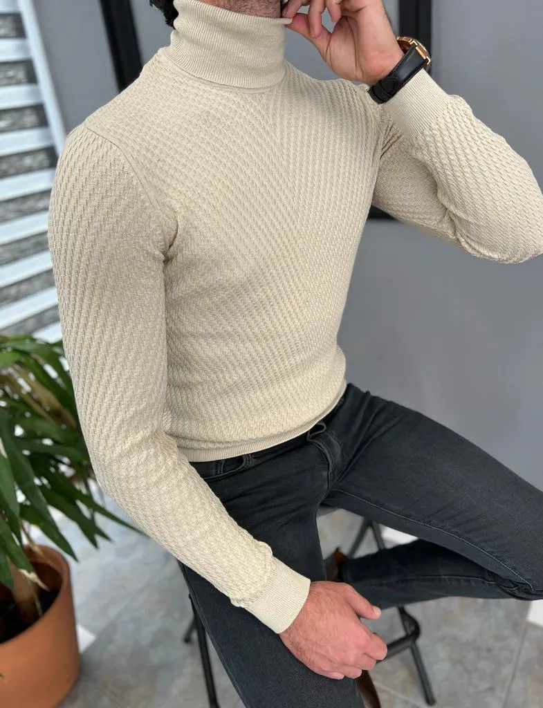 Beige Slim Fit Turtleneck Sweater for Men by GentWith.com