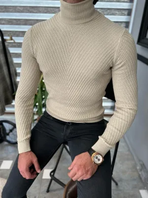Beige Slim Fit Turtleneck Sweater for Men by GentWith.com