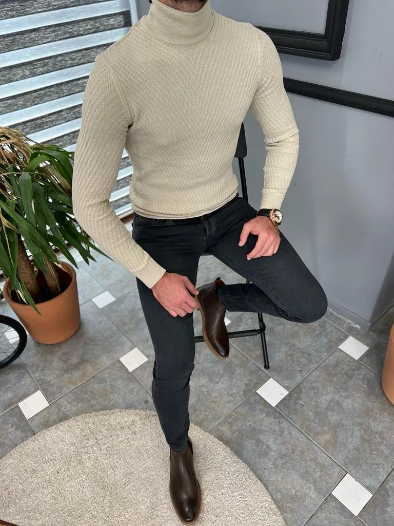 Beige Slim Fit Turtleneck Sweater for Men by GentWith.com