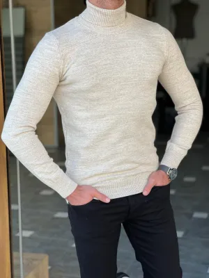 Beige Slim Fit Wool Turtleneck Sweater for Men by GentWith.com