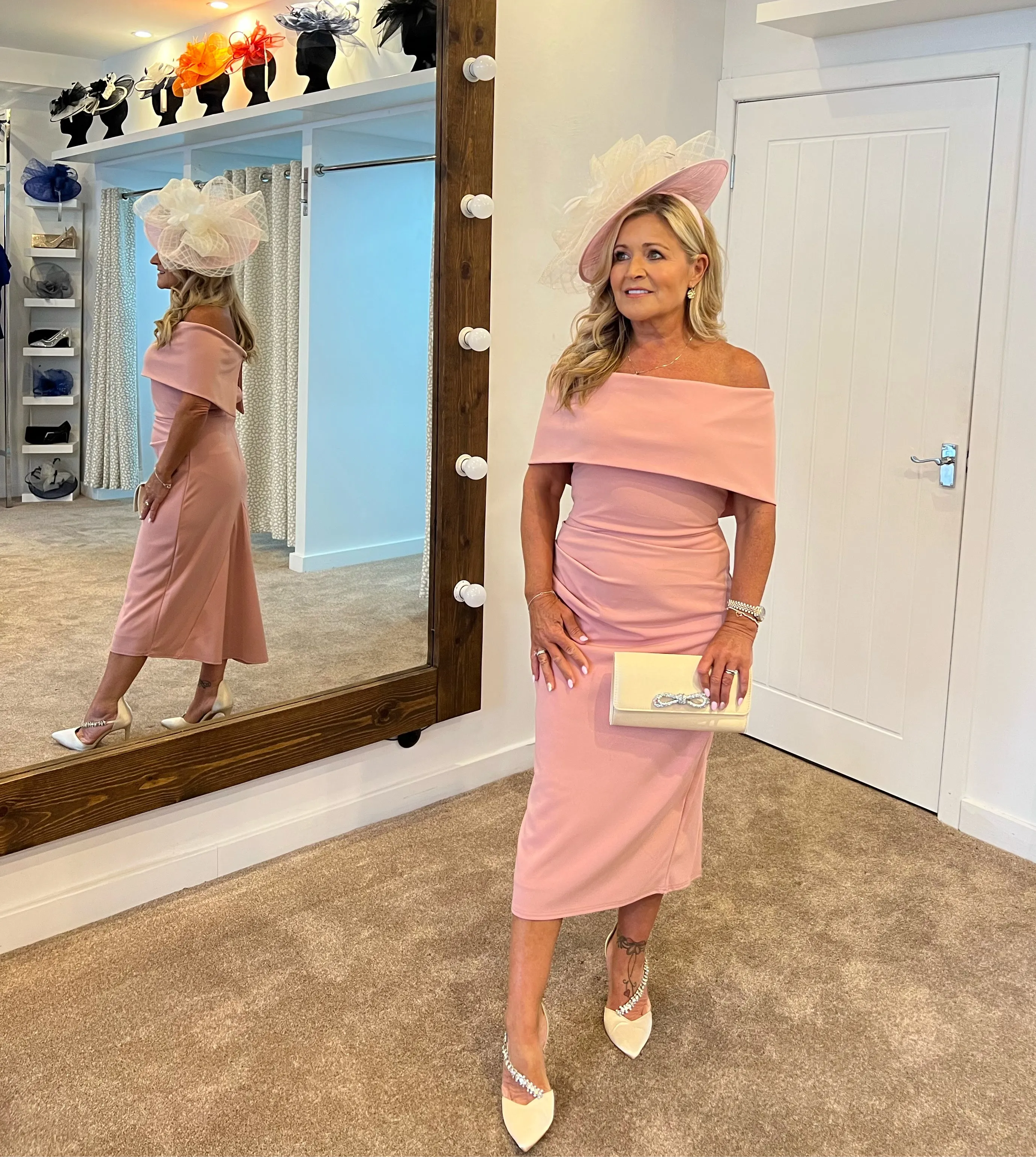 Beth blush pink Bardot dip hemline midi dress