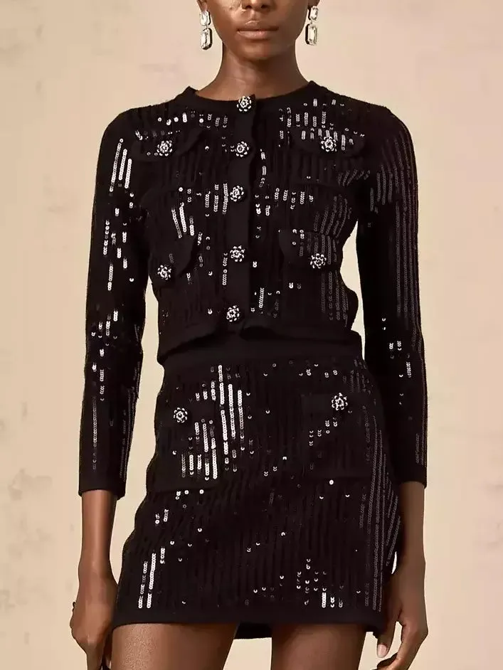 Black Sequin Cropped Cardigan and Skirt Set