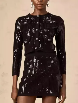 Black Sequin Cropped Cardigan and Skirt Set