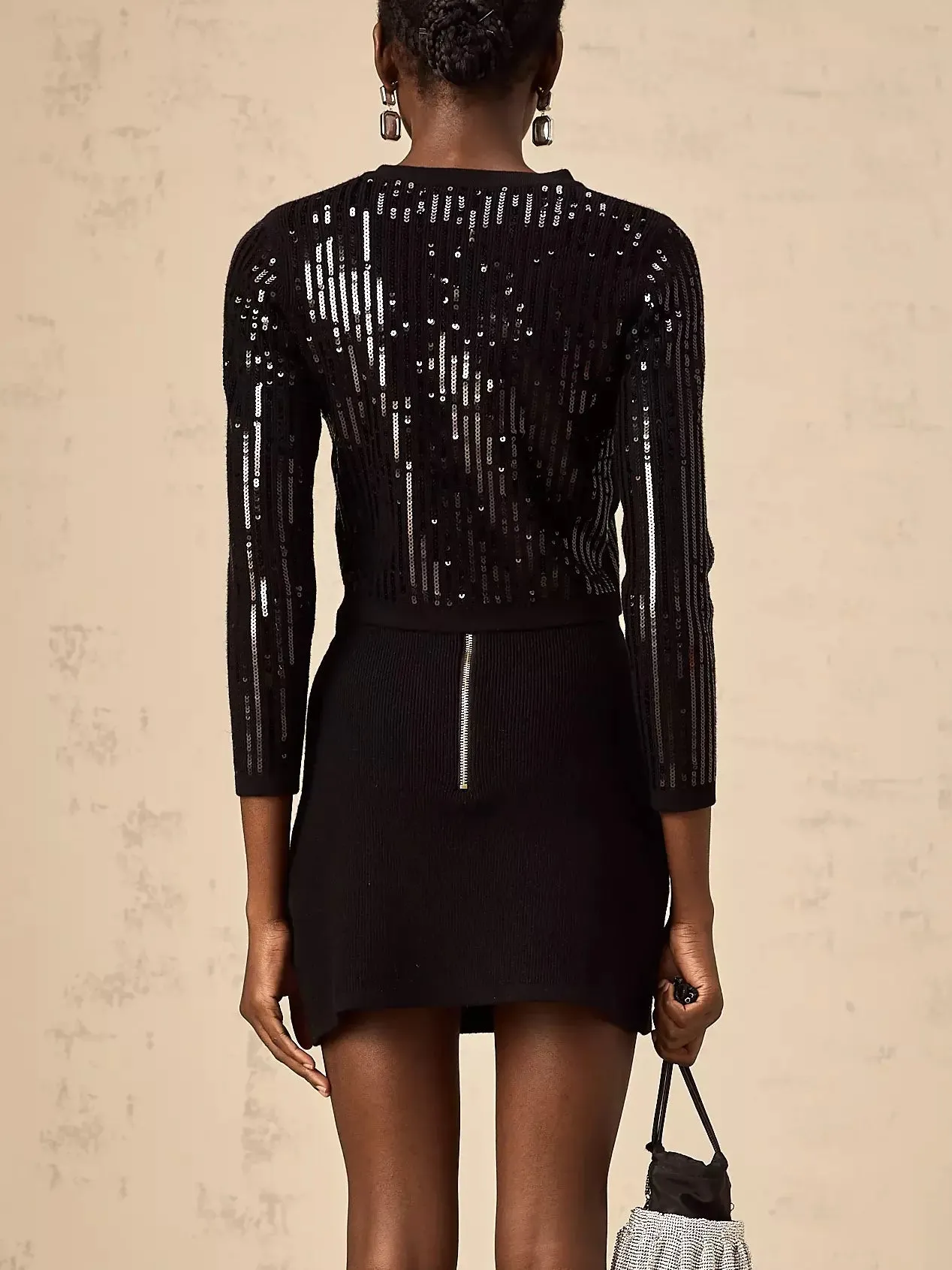Black Sequin Cropped Cardigan and Skirt Set