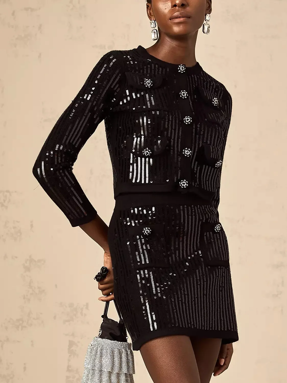 Black Sequin Cropped Cardigan and Skirt Set
