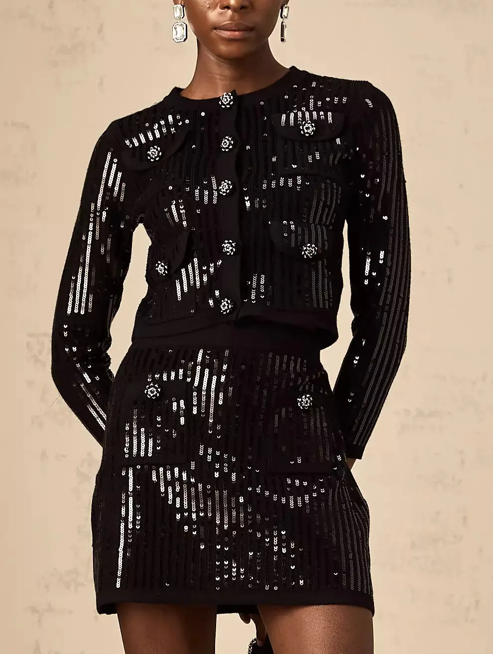 Black Sequin Cropped Cardigan and Skirt Set