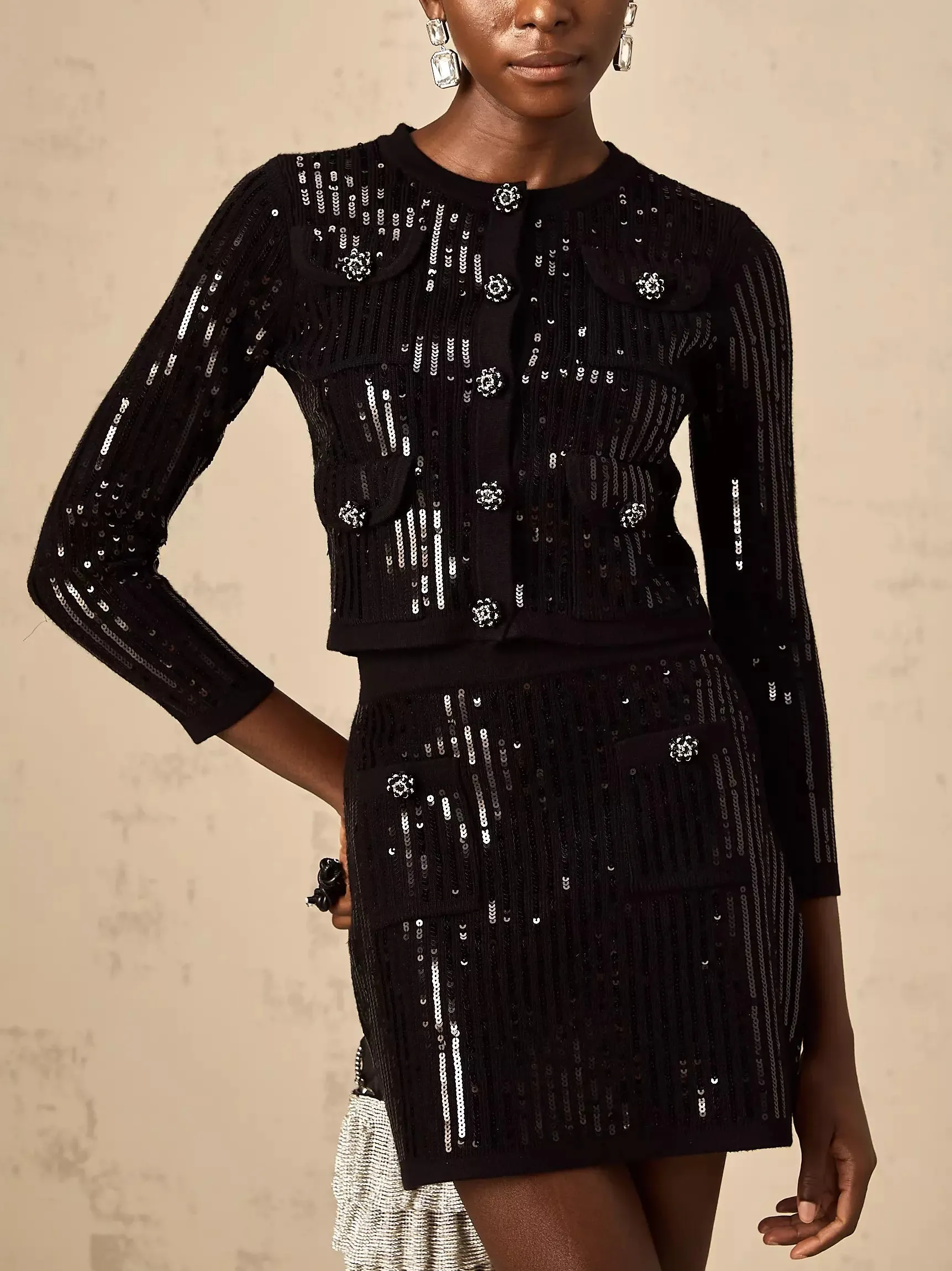 Black Sequin Cropped Cardigan and Skirt Set