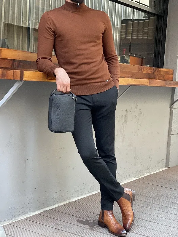 Brown Slim Fit Mock Turtleneck Sweater by GentWith.com