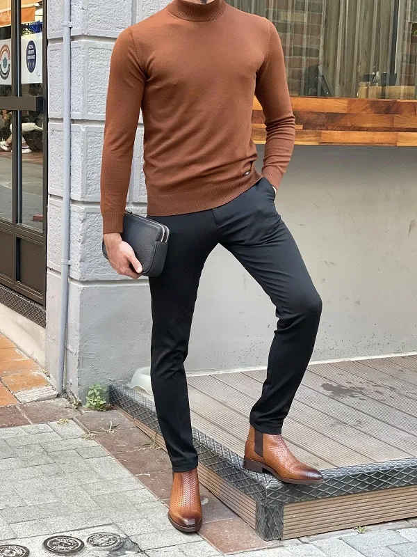 Brown Slim Fit Mock Turtleneck Sweater by GentWith.com