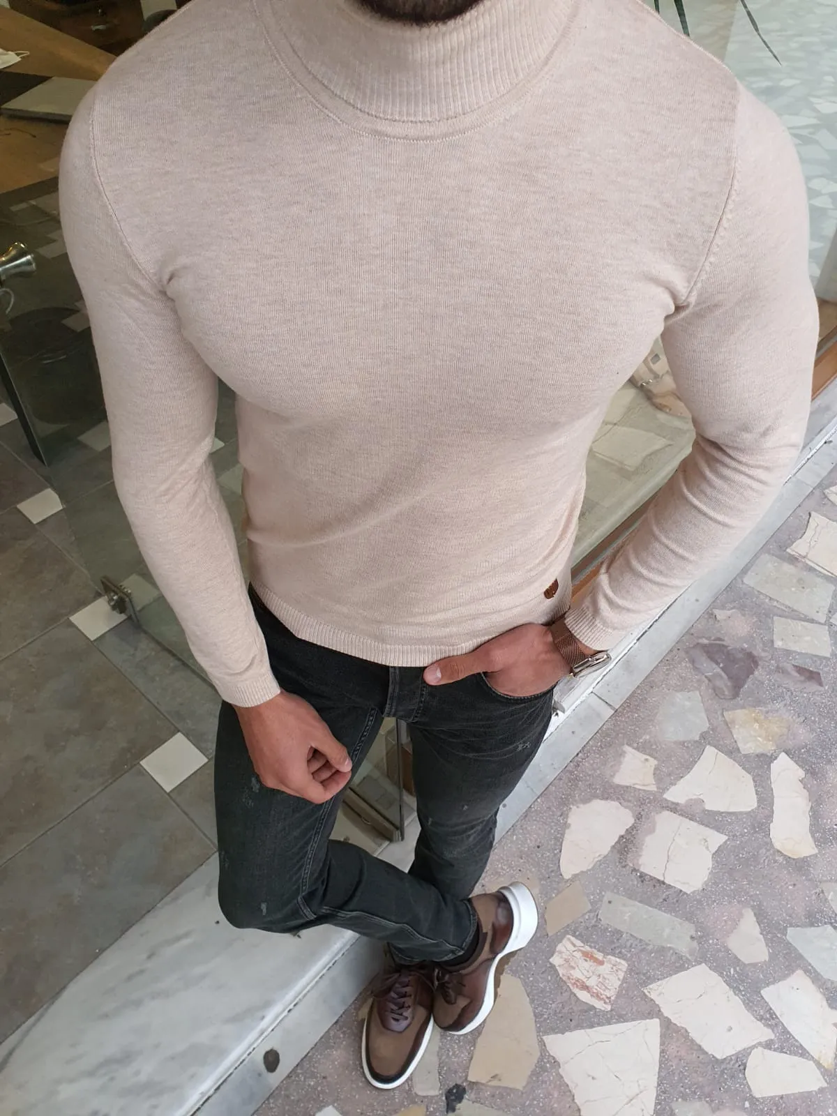 Buy Beige Slim Fit Turtleneck Wool Sweater by GentWith | Free Shipping