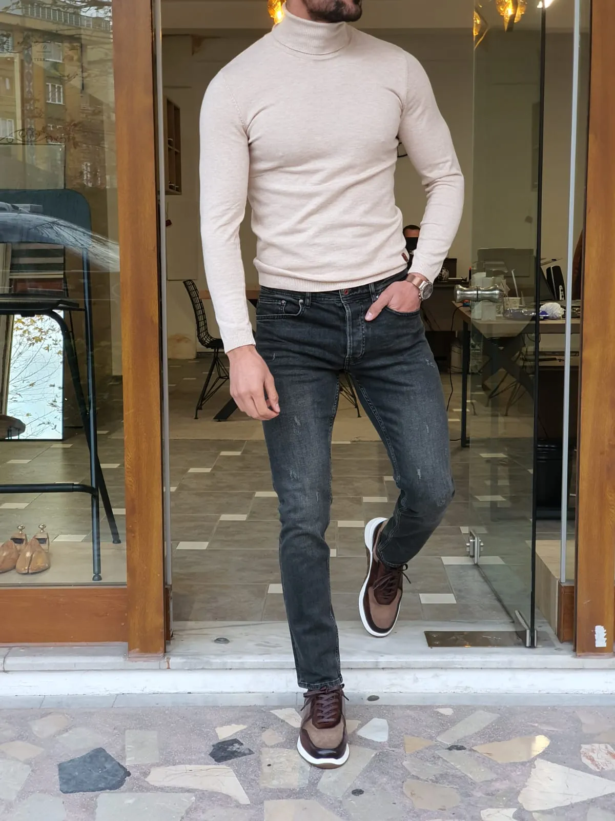 Buy Beige Slim Fit Turtleneck Wool Sweater by GentWith | Free Shipping