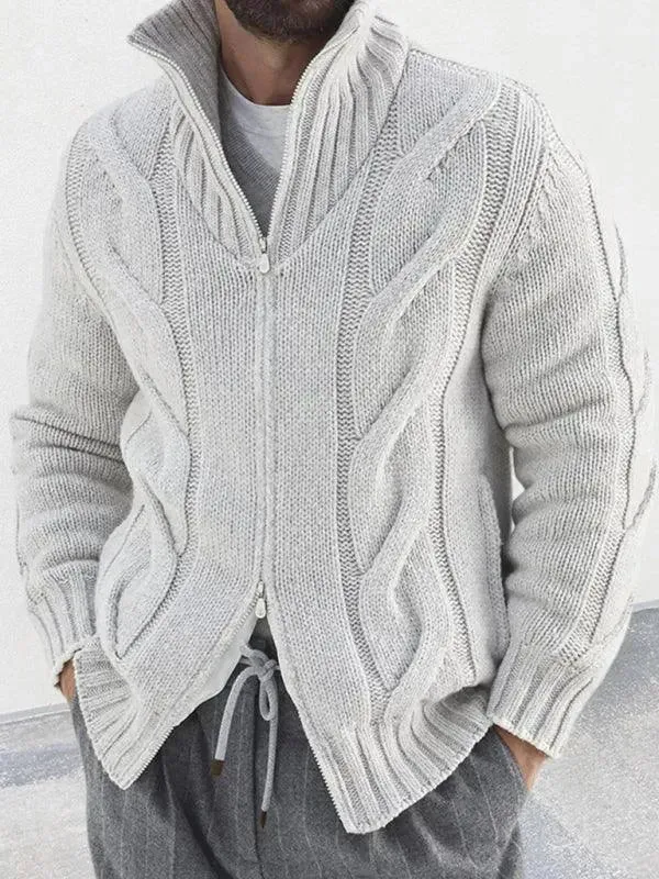 Cable Zipper Men Cardigan Turtleneck Sweater