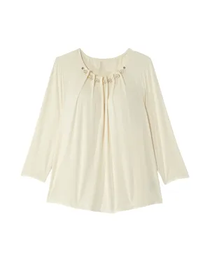 Chrissa 3/4 Sleeve Neck Pearl Gathered Tee | Ivory