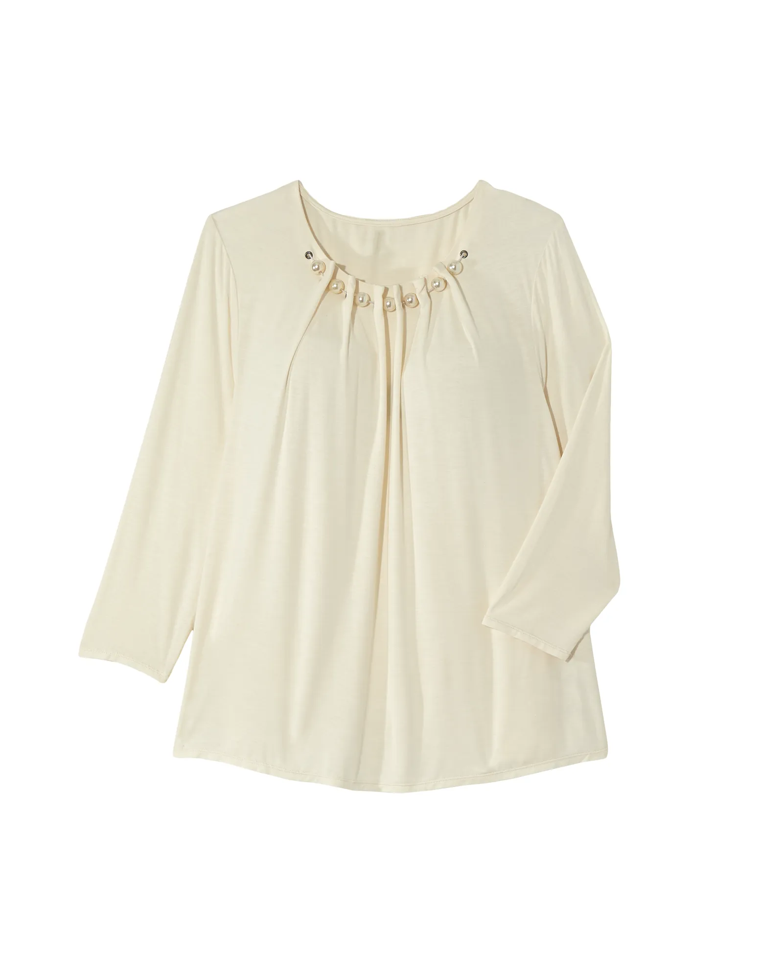 Chrissa 3/4 Sleeve Neck Pearl Gathered Tee | Ivory