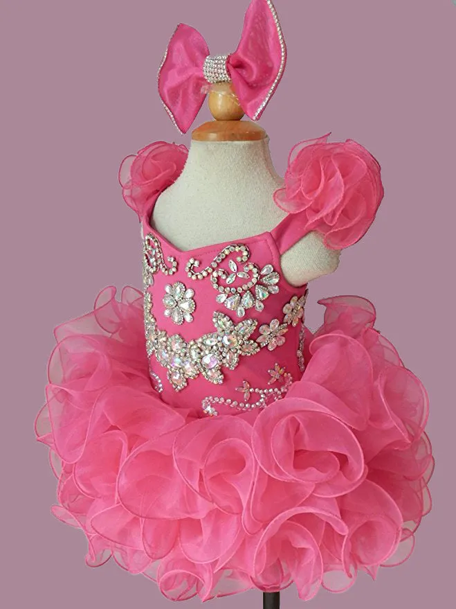 Custom Made Infant Illusion Fuchsia Cupcake Pageant Dress with Hair bow