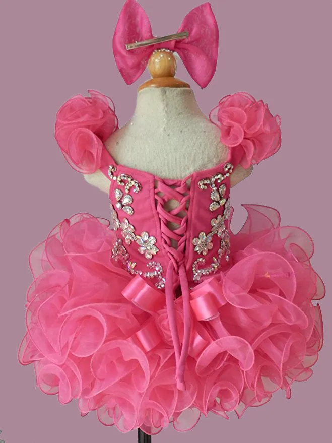 Custom Made Infant Illusion Fuchsia Cupcake Pageant Dress with Hair bow