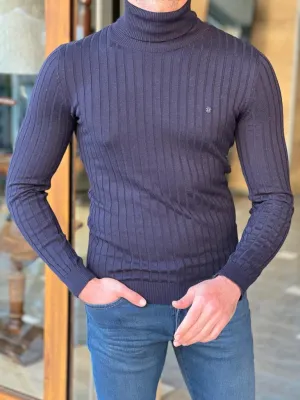 Dark Blue Slim Fit Striped Turtleneck Sweater for Men by GentWith.com