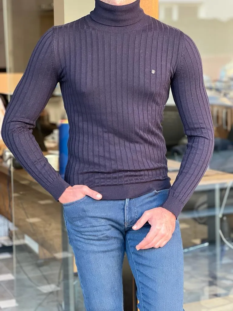 Dark Blue Slim Fit Striped Turtleneck Sweater for Men by GentWith.com