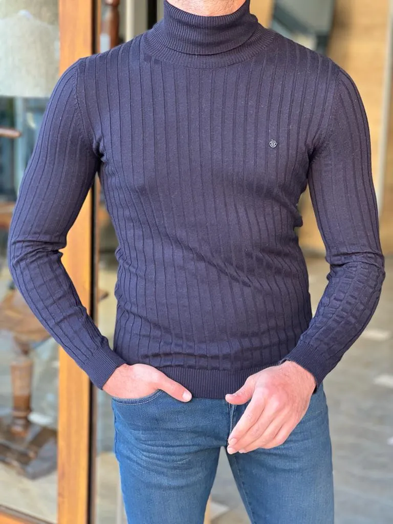 Dark Blue Slim Fit Striped Turtleneck Sweater for Men by GentWith.com