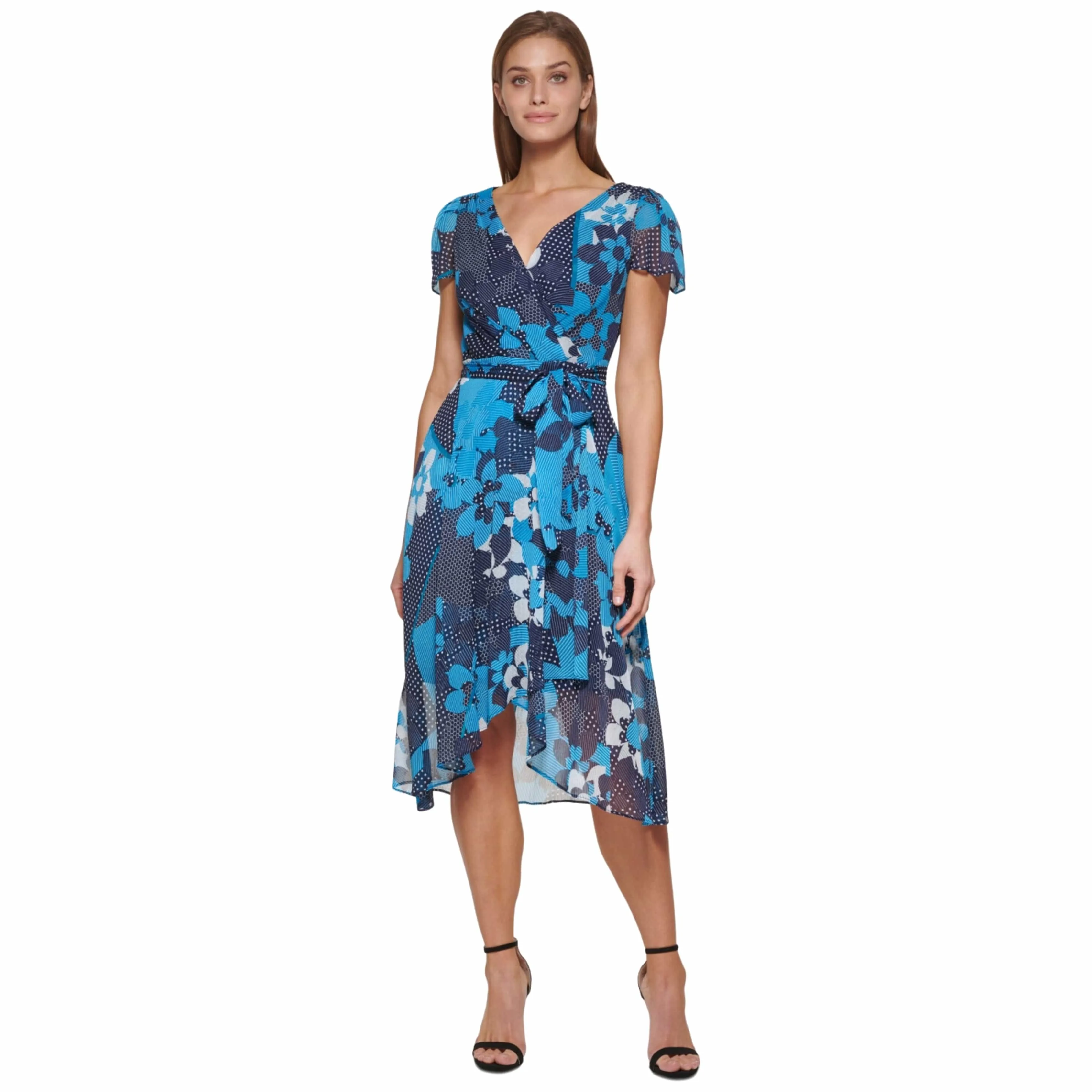 DKNY - Floral-Print Flutter-Sleeve Faux-Wrap Dress