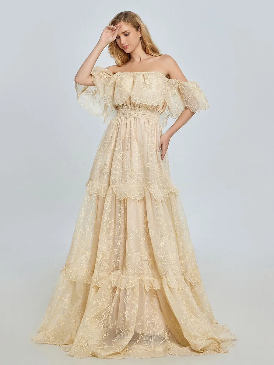 Elegance Off Shoulder Lace Boho Dress Photoshoot Dress Bohemian Maternity Gown Baby Shower YW240067