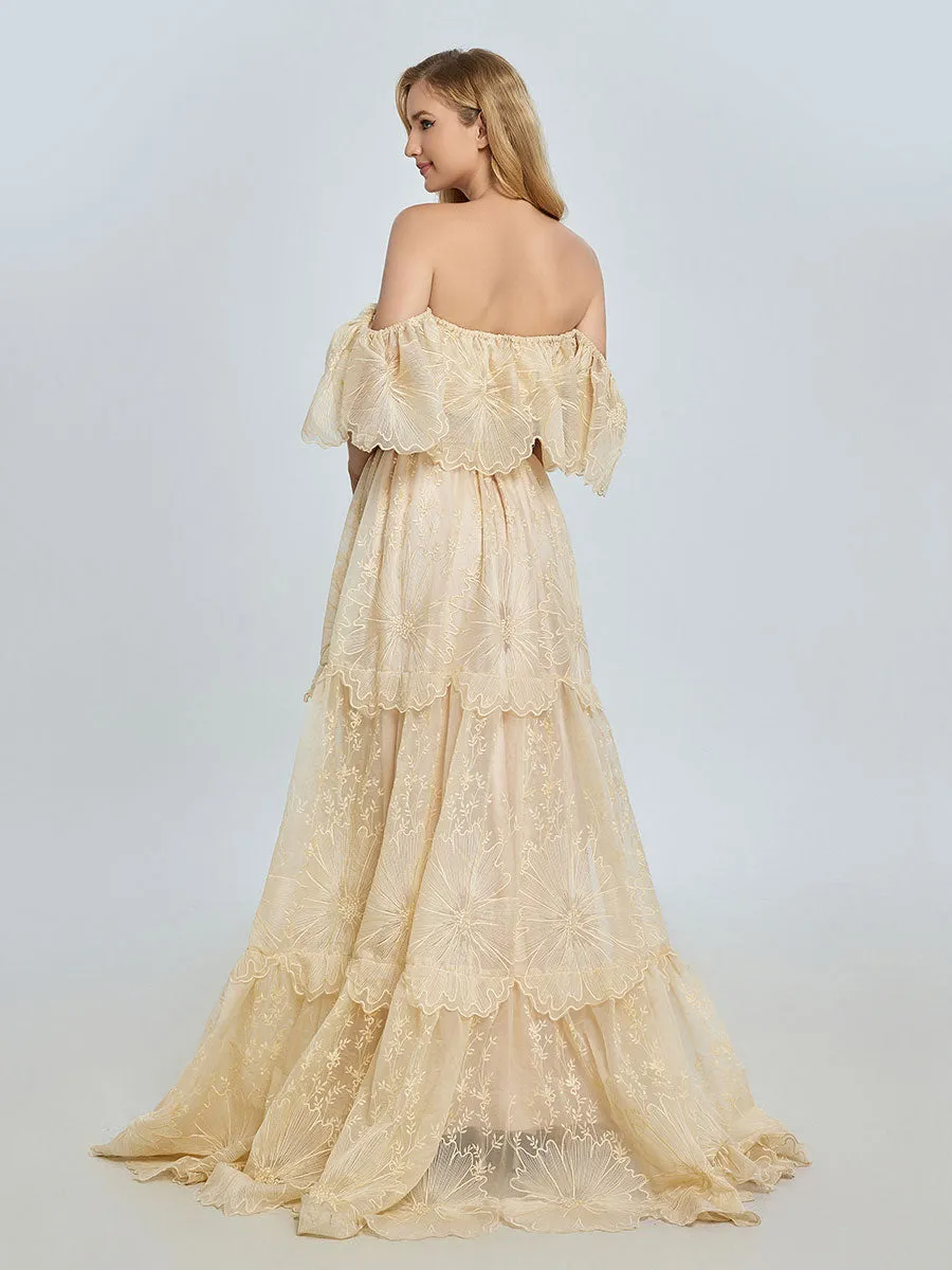 Elegance Off Shoulder Lace Boho Dress Photoshoot Dress Bohemian Maternity Gown Baby Shower YW240067