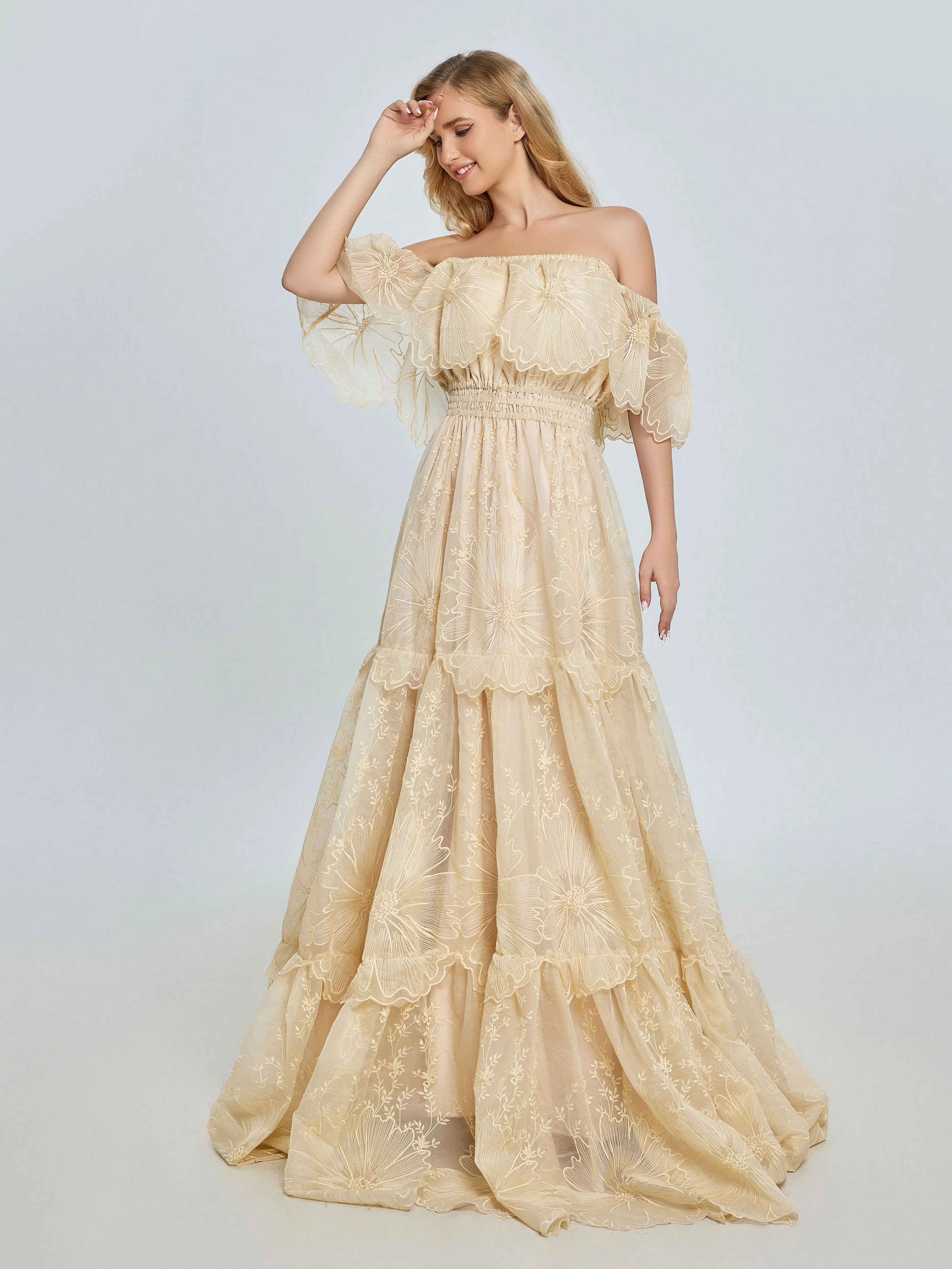 Elegance Off Shoulder Lace Boho Dress Photoshoot Dress Bohemian Maternity Gown Baby Shower YW240067