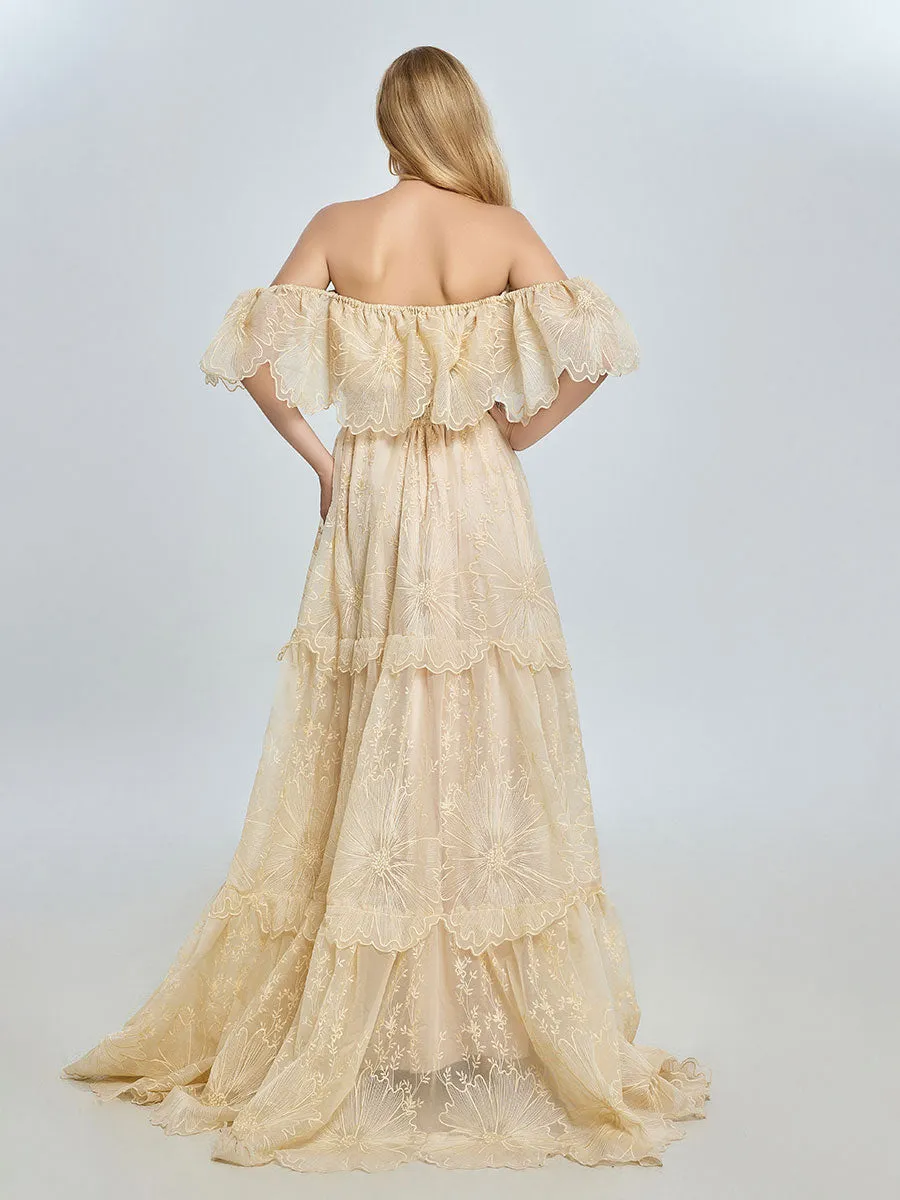 Elegance Off Shoulder Lace Boho Dress Photoshoot Dress Bohemian Maternity Gown Baby Shower YW240067