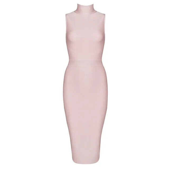 Fashion Turtleneck Sleeveless Bandage Midi Dress