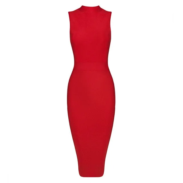 Fashion Turtleneck Sleeveless Bandage Midi Dress