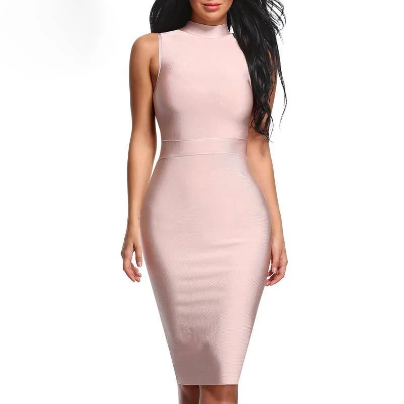 Fashion Turtleneck Sleeveless Bandage Midi Dress