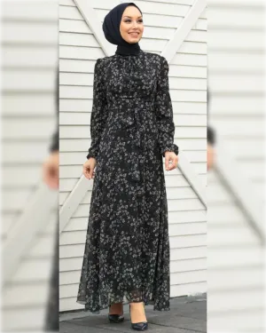 Fatimah Black Elegant Chiffon Dress with Floral Print  فستان فاطمة الأنيق من الشيفون باللون الأسود و بنقشة الورود الجميلة