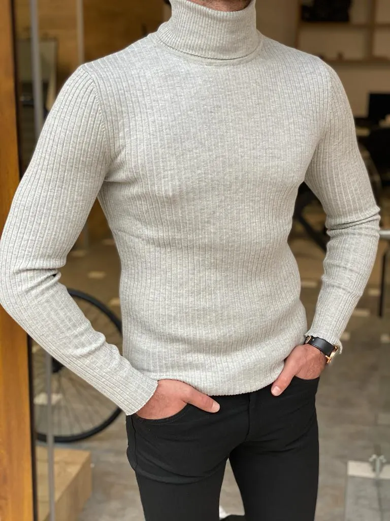 Gray Slim Fit Striped Turtleneck Sweater for Men by GentWith.com