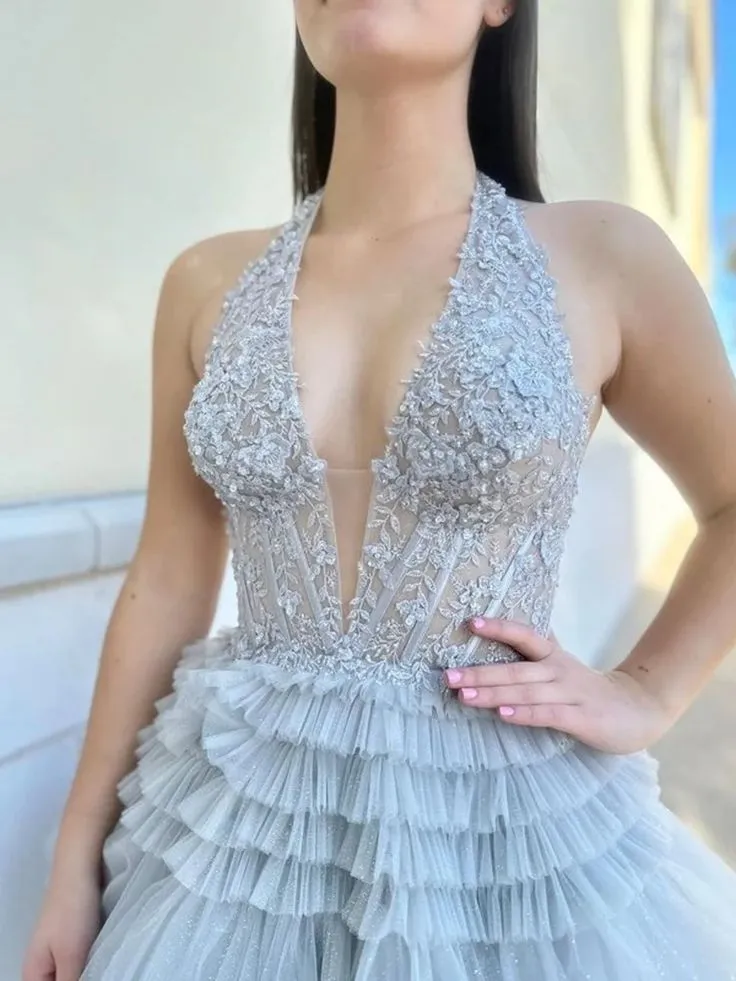 Halter V Neck Open Back Layered Gray Lace Long Prom Dresses, Gray Backless Lace Formal Evening Dresses       fg6162