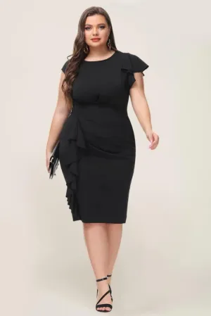 HN Women Plus Size Ruffles Decorated Dress Crew Neck Defined Waist Bodycon Dress