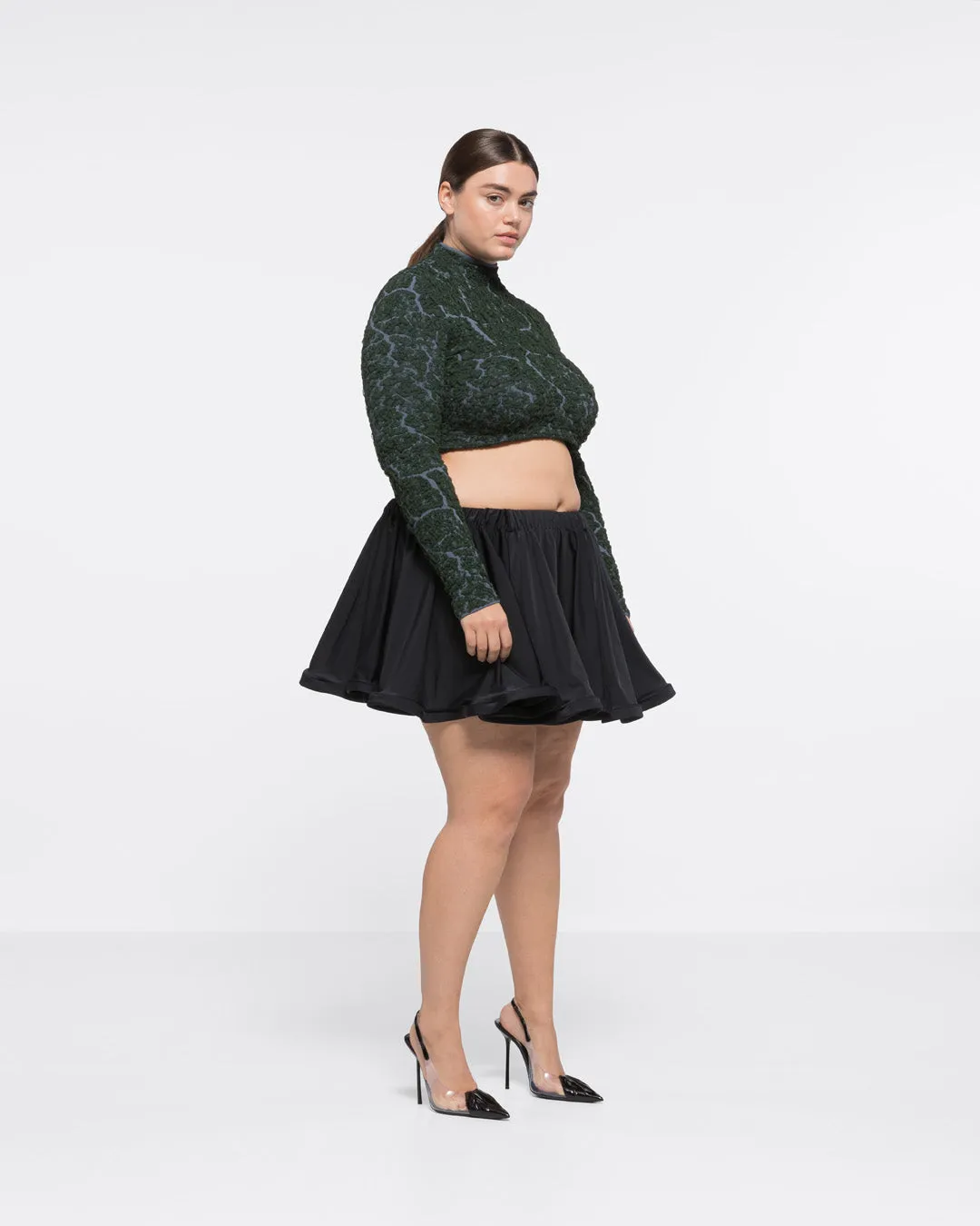 JACQUARD TURTLENECK CROP TOP - DARK GREEN/GREY